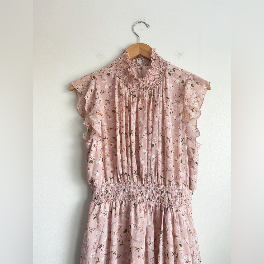 Melloday Floral Pink Ruffle Tiered Maxi Dress Smocked Victorian Coquette Ditsy L - Picture 7 of 9